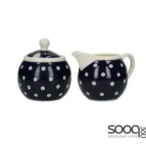 LONDON POTTERY OUT OF THE BLUE MILK JUG AND SUGAR BOWL SET WITH CIRCLES DESIGN, STONEWARE, WHITE / BLUE, 2 PIECES