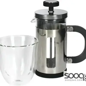 LA CAFETIèRE MINI CAFETIERE GIFT SET WITH DOUBLE WALL COFFEE GLASS & 1 CUP FRENCH PRESS, STAINLESS STEEL / BOROSILICATE GLASS, 2 PIECES IN BOX