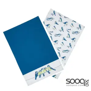 KITCHENCRAFT TEA TOWELS SET, 'BLUE BIRDS' DESIGN, 100% COTTON, WHITE / BLUE, 70 X 47 CM, 2 PIECES