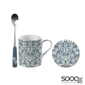 V&A WILLIAM MORRIS SUNFLOWER PRINTED FINE CHINA MUG SET WITH COASTER AND TEASPOON, BLUE & WHITE, 3 PIECES