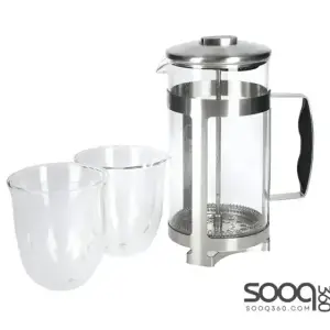 LA CAFETIèRE COFFEE GIFT SET WITH 8 CUP CAFETIERE & DOUBLE WALLED COFFEE GLASSES, STAINLESS STEEL / BOROSILICATE GLASS, 3 PIECES IN BOX