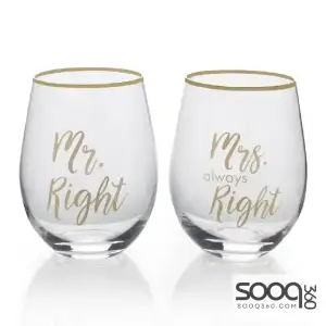 Mikasa 5216704 'Celebrations' Stemless Wine Glasses with Decorative Mr Right and Mrs Always Right Prints, 468 ml - Clear/Gold (Set of 2)