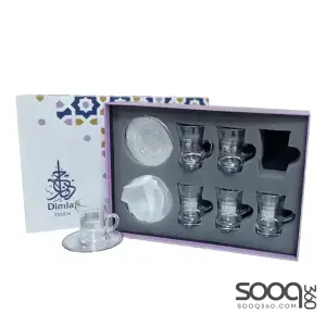 Tea set with handle + glass saucer, 6 pieces, silver